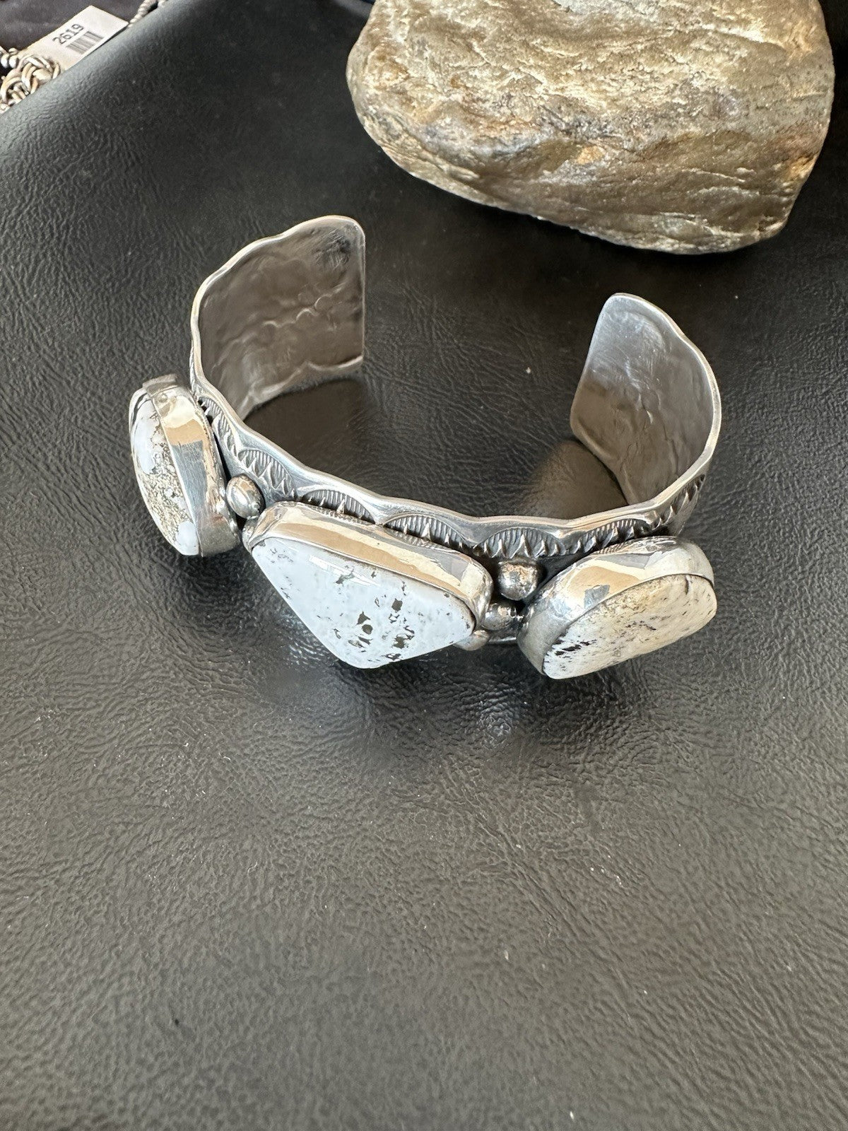 Mens White Buffalo Turquoise Navajo Sterling Silver Cuff Bracelet 7.75" 19427