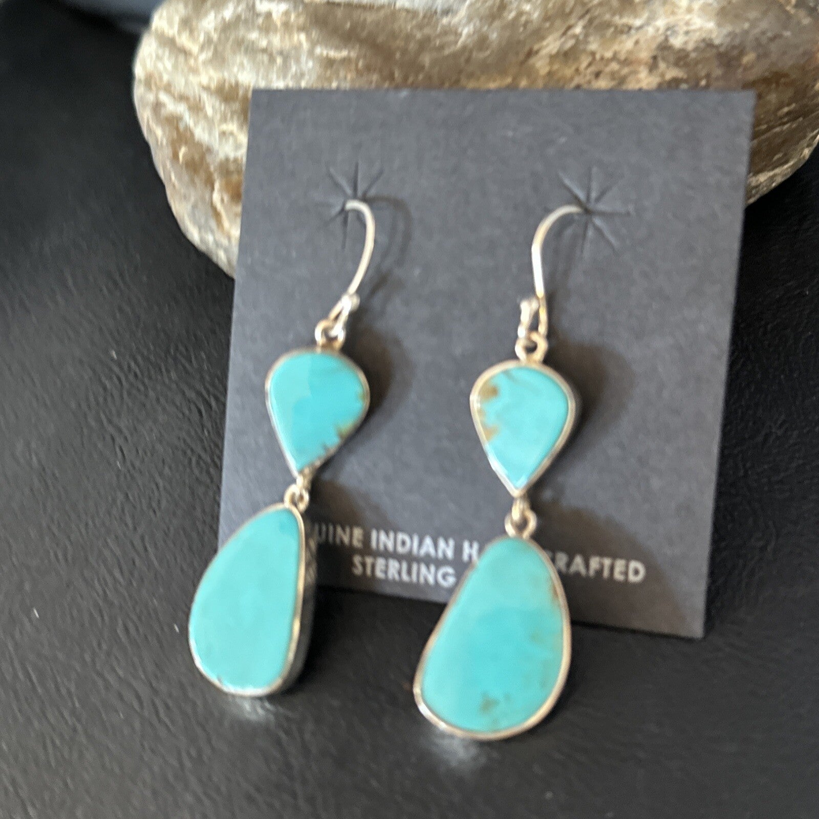 Blue Kingman Turquoise Navajo Sterling Silver Dangle 1.5" Earrings 14576