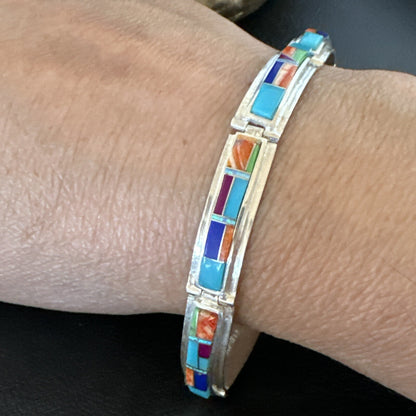 Blue Turquoise Spiny Navajo Old Pawn Sterling Silver Inlay Bracelet 7.5" 18127