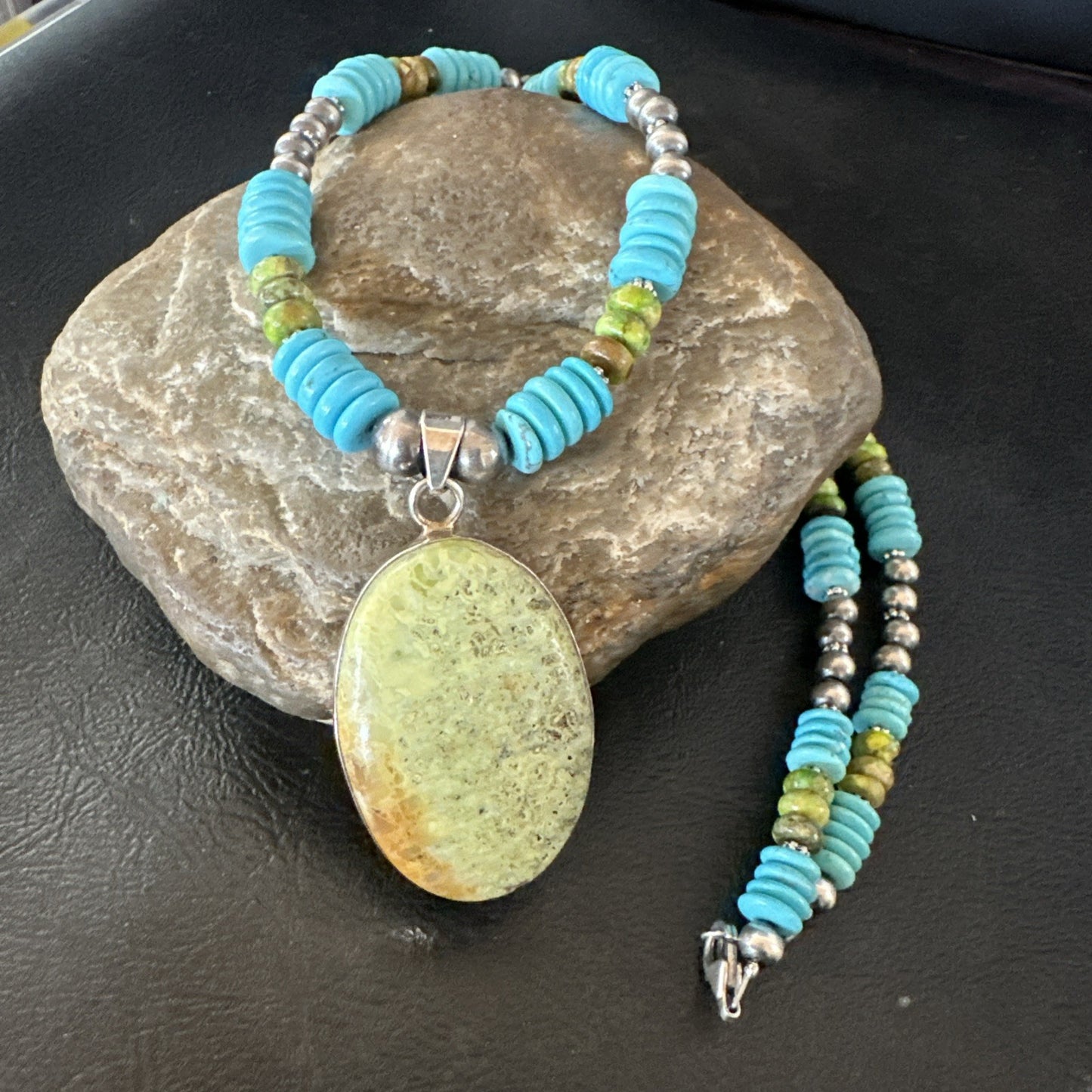 Green Gaspeite Pendant Blue Turquoise Navajo Sterling Silver Necklace 20" 19668