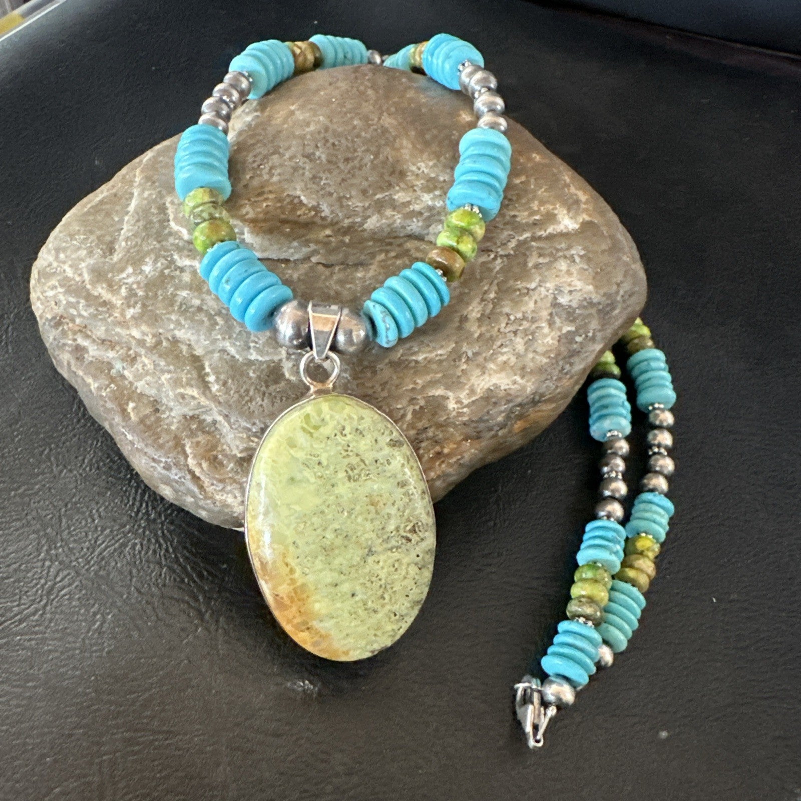 Green Gaspeite Pendant Blue Turquoise Navajo Sterling Silver Necklace 20" 19668