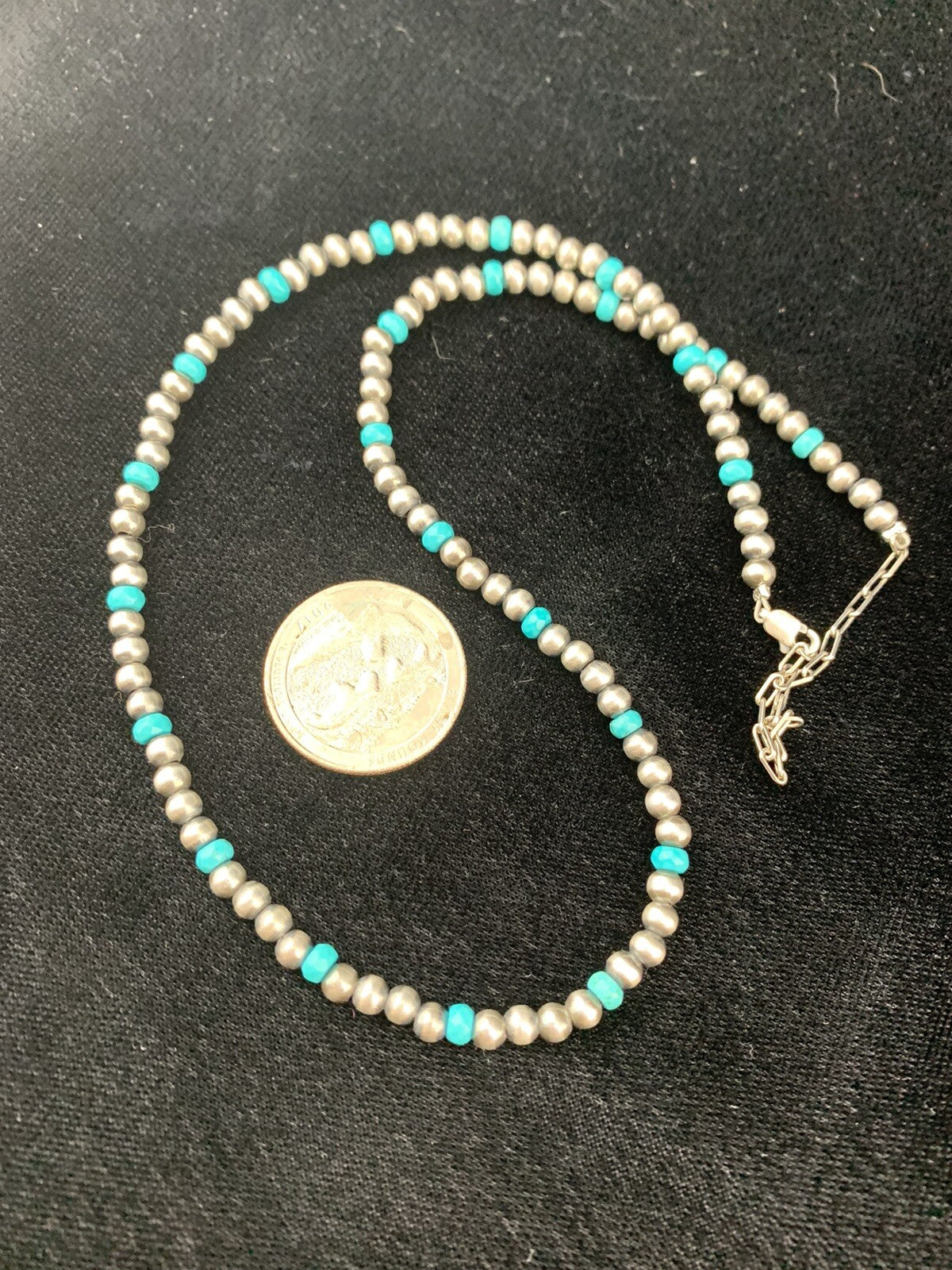 Navajo 4mm Sterling Silver Beads Blue Turquoise Bead Necklace 22”