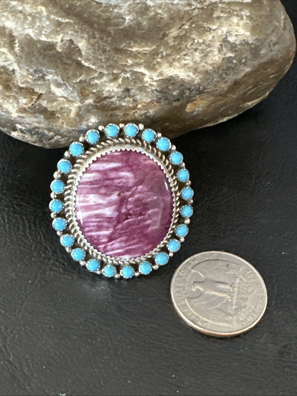 Cluster Kingman Turquoise Purple Spiny Navajo Sterling Silver Ring Sz 10 19104