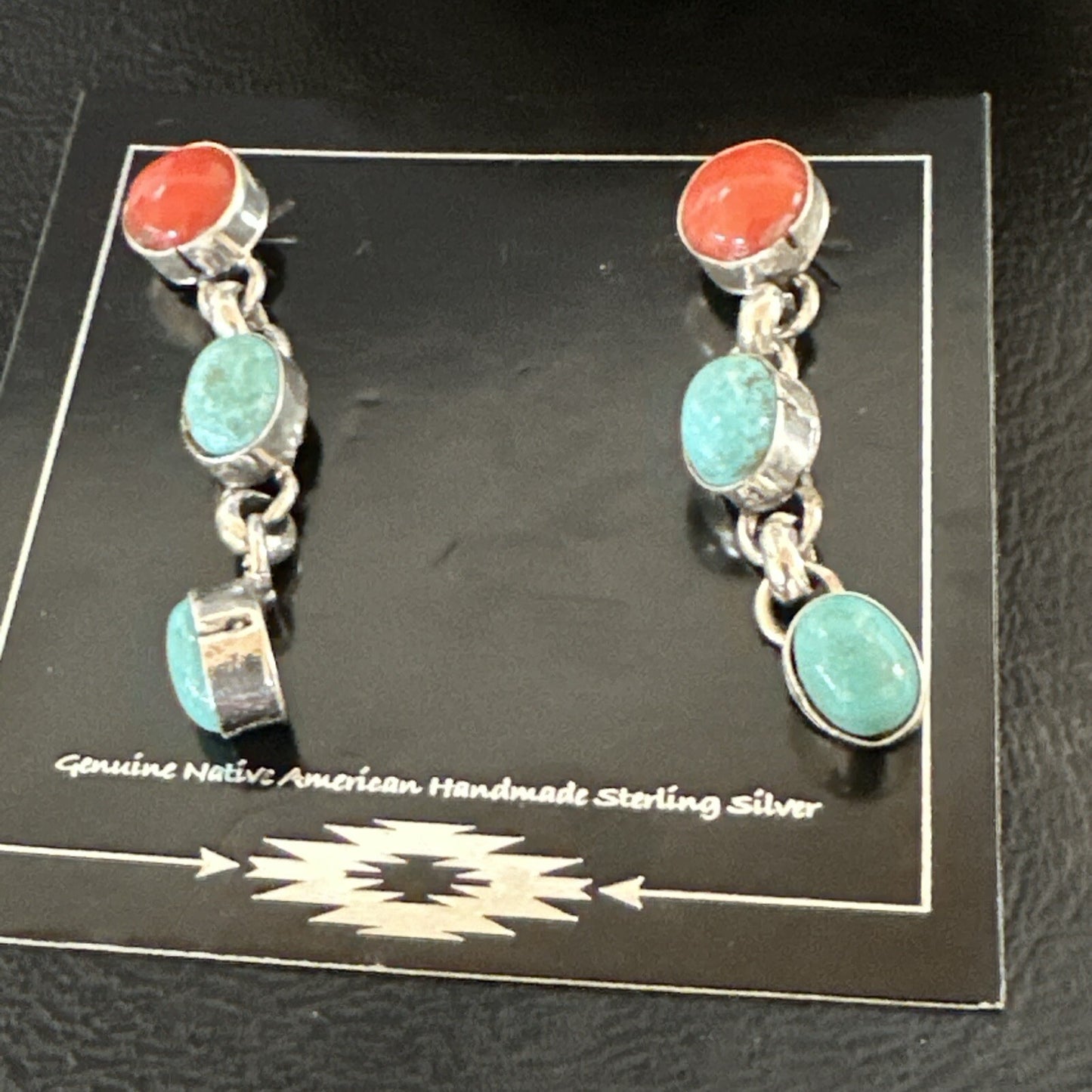 Blue Turquoise Red Spiny MultiColor Navajo Sterling Silver Inlay Earrings 18355