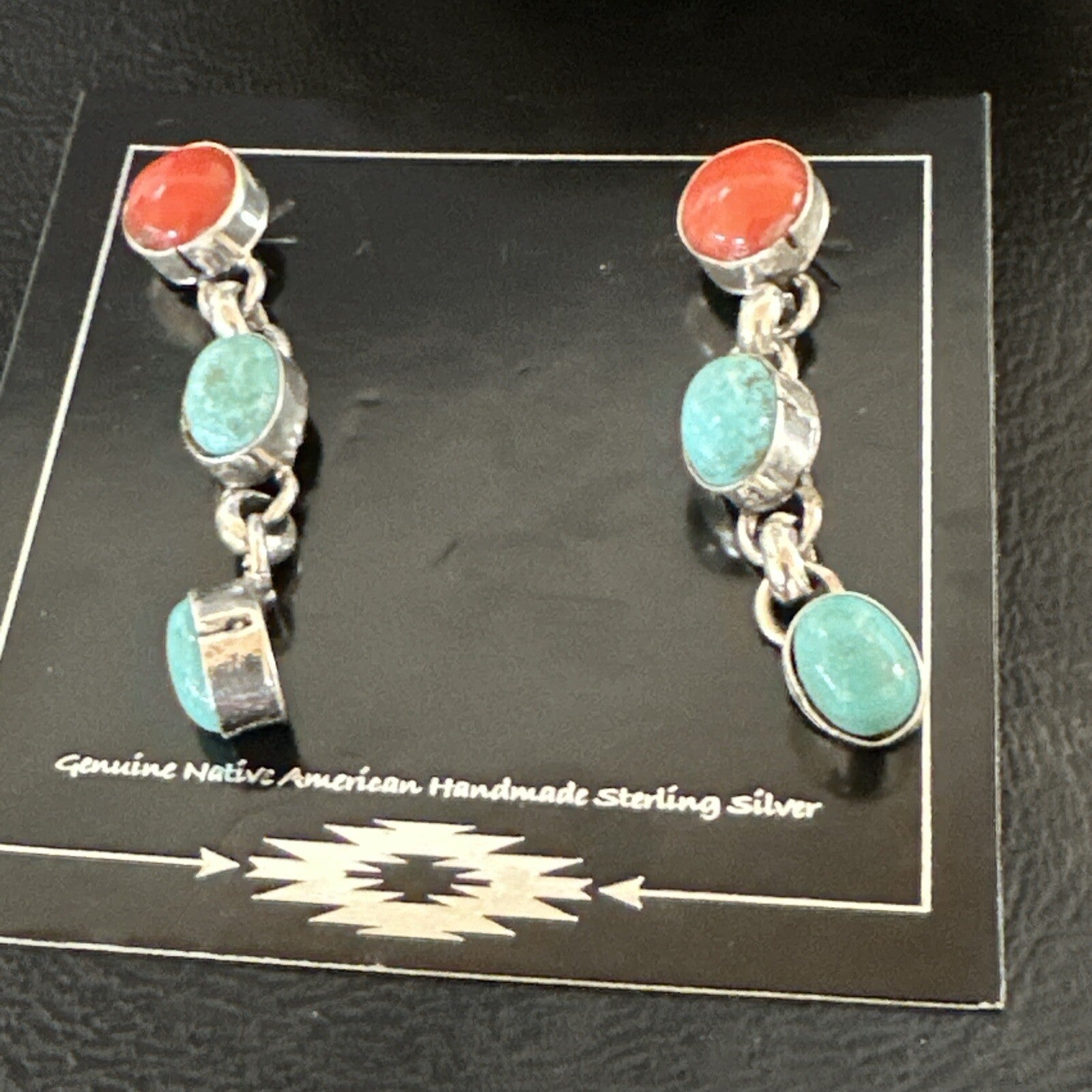 Blue Turquoise Red Spiny MultiColor Navajo Sterling Silver Inlay Earrings 18355