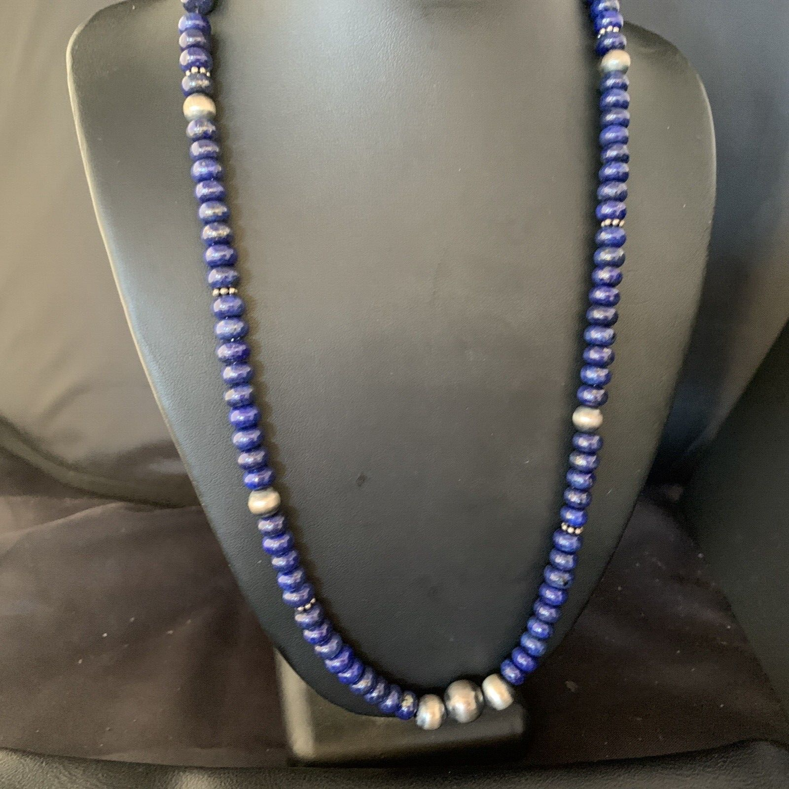 Mens Blue Lapis Lazuli Navajo Pearls Sterling Silver Necklace 24” 13956