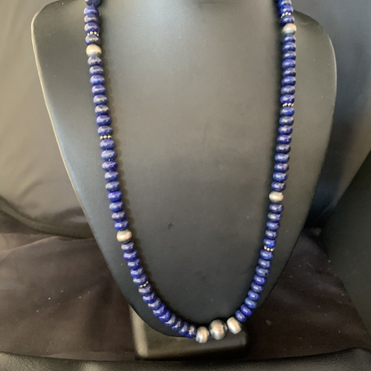 Mens Blue Lapis Lazuli Navajo Pearls Sterling Silver Necklace 24” 13956