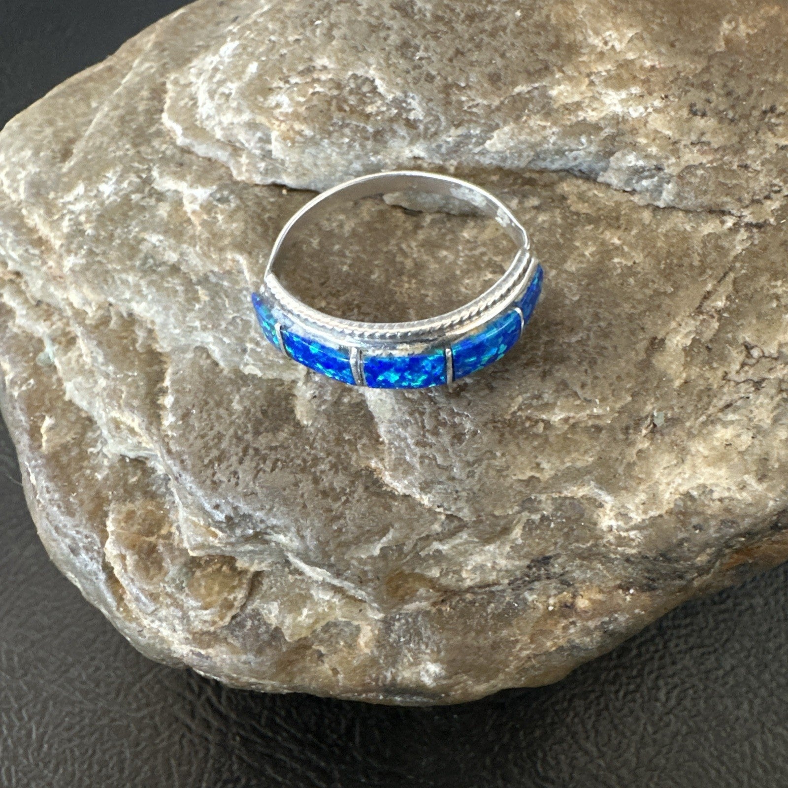 Blue Opal Navajo Sterling Silver Band Inlay Ring Size 7.5 19724