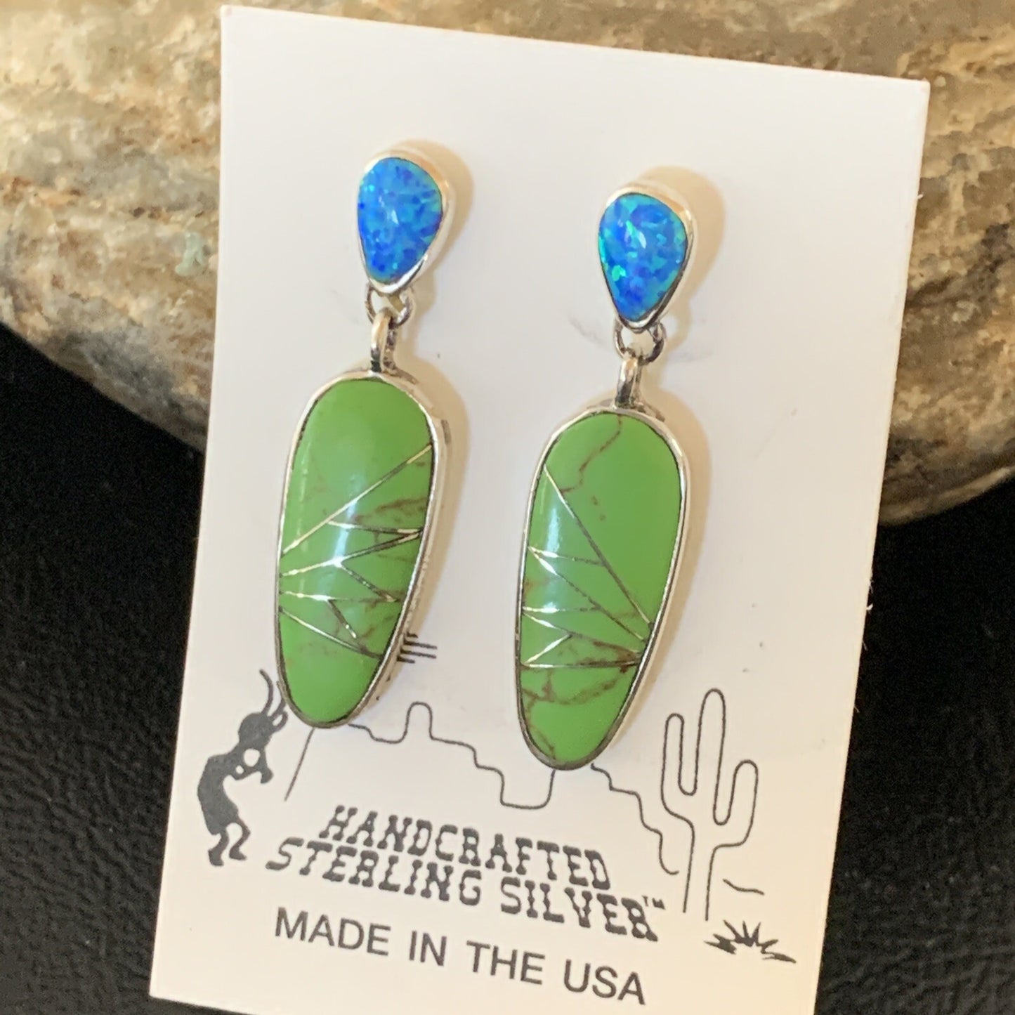 Green Gaspeite Opal Navajo Sterling Silver Inlay Earrings 1.25" 19177