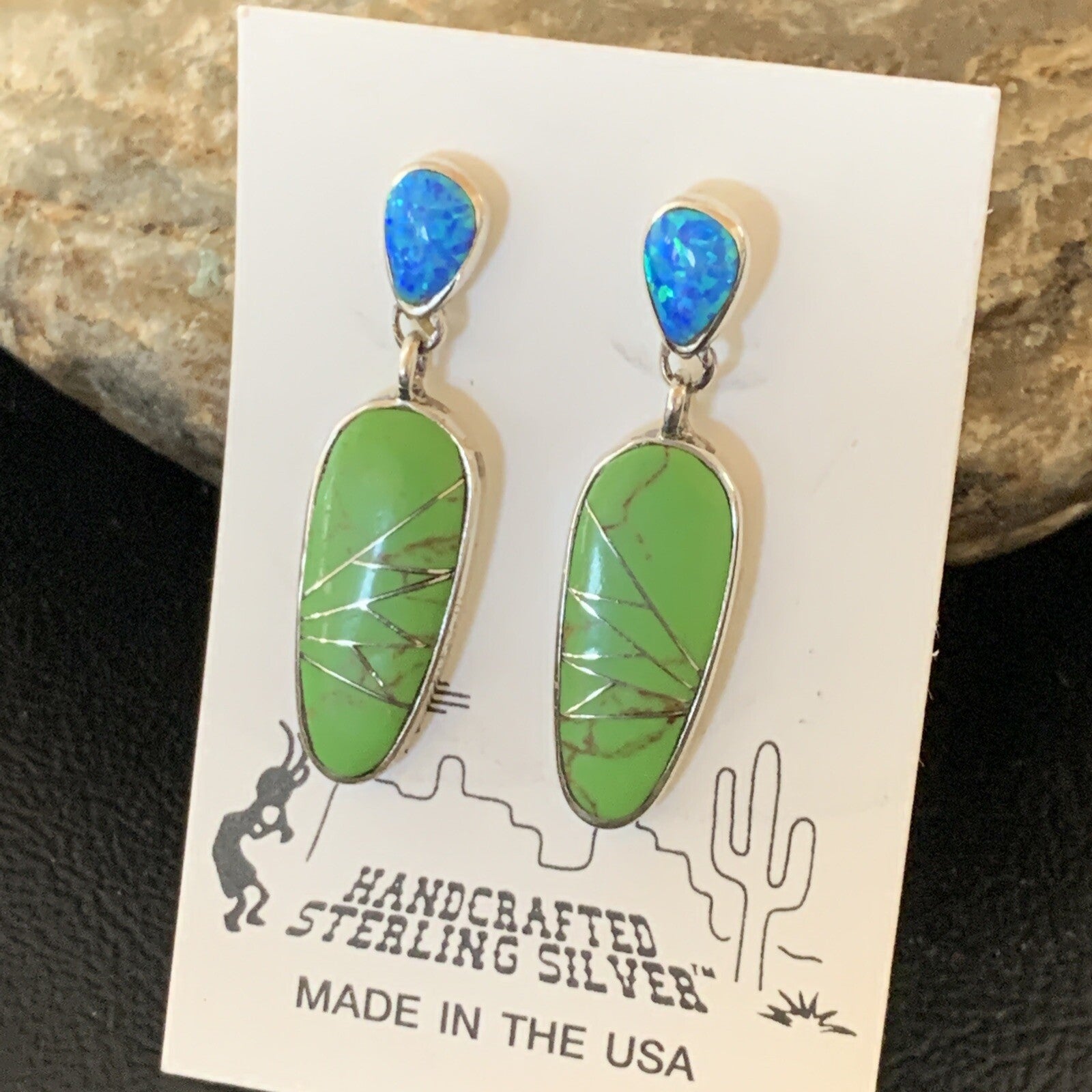 Green Gaspeite Opal Navajo Sterling Silver Inlay Earrings 1.25" 19177