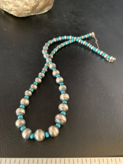 Navajo Pearls Graduated Sterling Blue Turquoise Bead Necklace 16" 96116