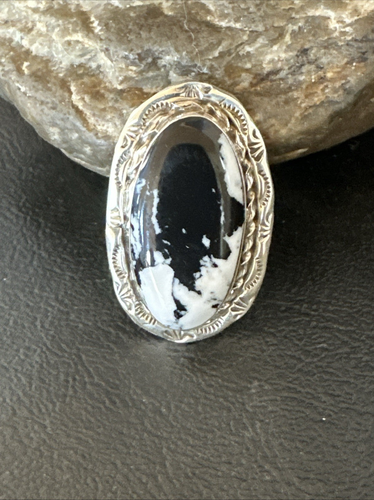 Black White Buffalo Turquoise Navajo Sterling Silver Ring Size 9.5 19809