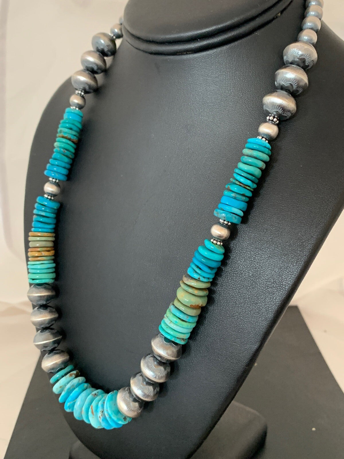 Blue Green Turquoise Beads Navajo Pearls Sterling Silver Necklace 4697