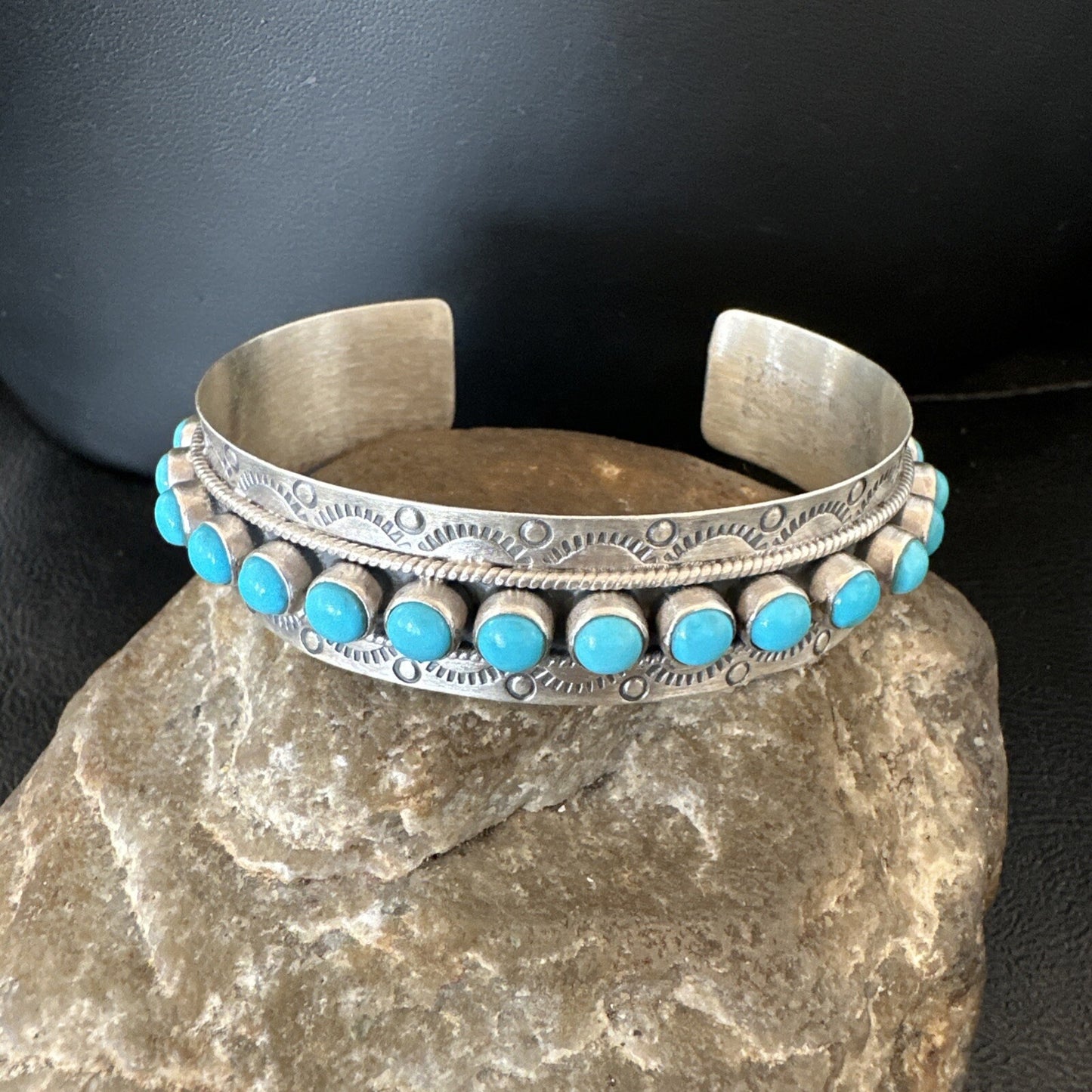 Mens Womens Kingman Turquoise Navajo Sterling Silver Cluster Cuff Bracelet 18865