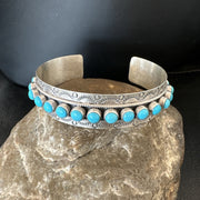 Men's Women's Kingman Turquoise Navajo Cluster Cuff Bracelet | Sterling Silver | Authentic Native American Handmade | 18865