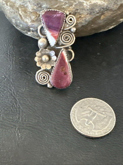 Cluster Purple Spiny Oyster Navajo Sterling Silver Ring Sz 7.5 19764