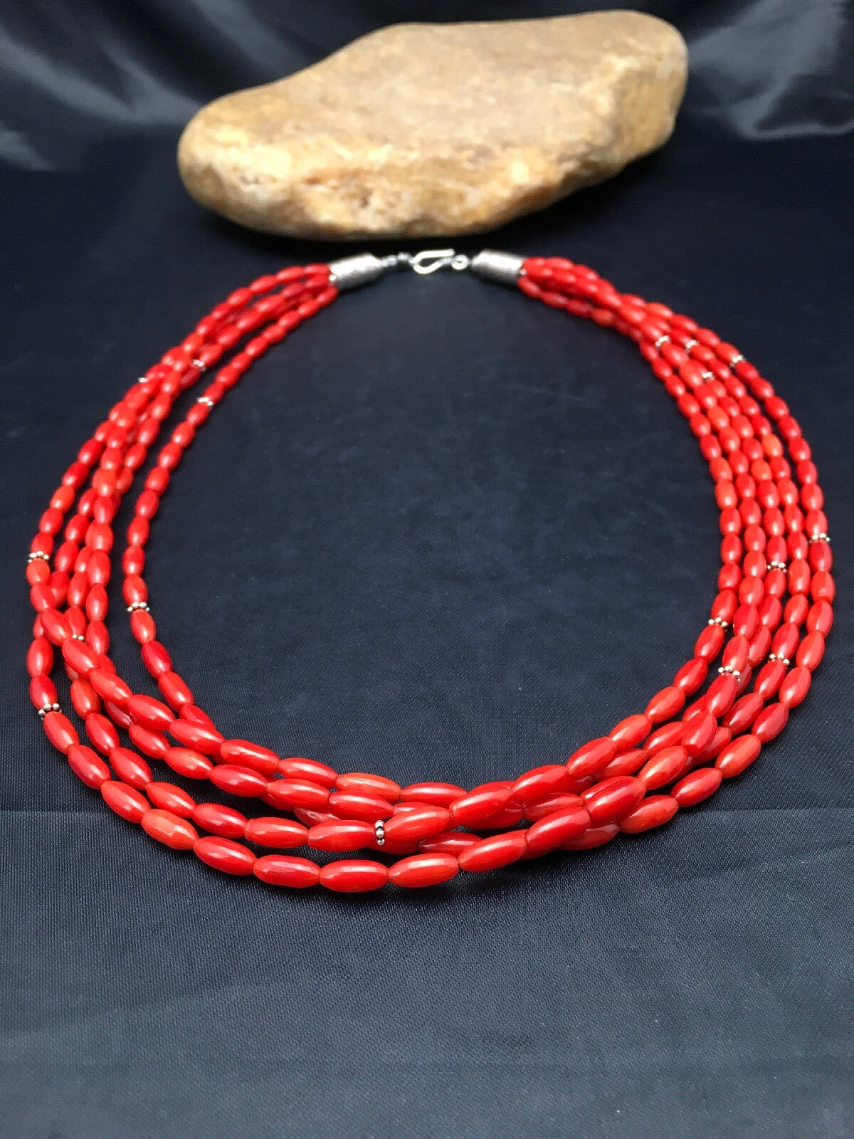 Red Bamboo Coral 5 Strand Navajo Pearls Sterling Silver Necklace 22" 04165