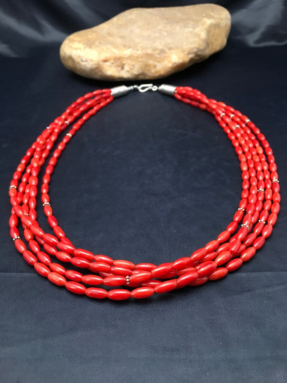 Red Bamboo Coral 5 Strand Navajo Pearls Sterling Silver Necklace 22" 04165