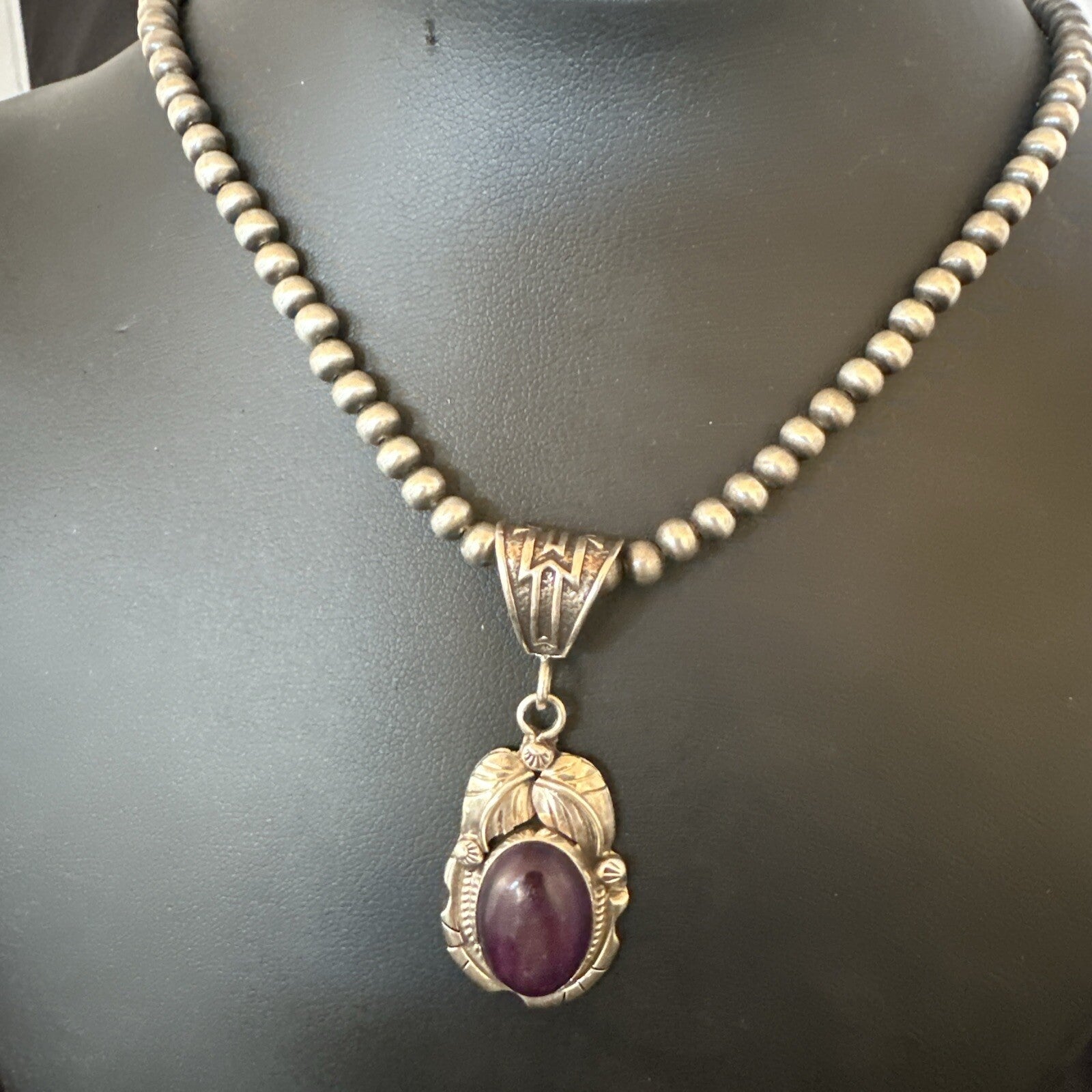 Purple Stone Pendant Navajo Pearls Sterling Silver Necklace 20” 18403