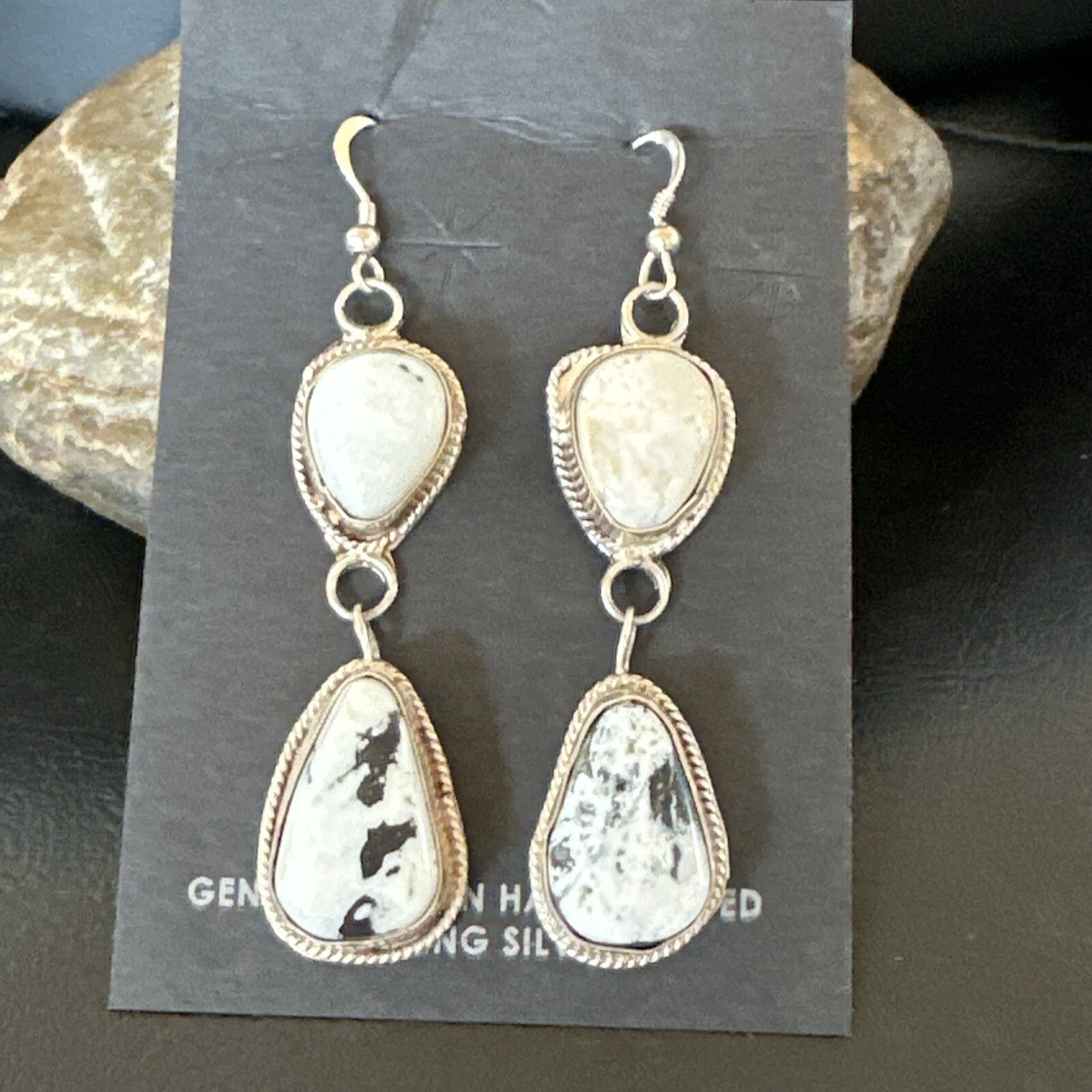 Womens White Buffalo Turquoise Navajo Sterling Silver Dangle Earrings 2” 17962
