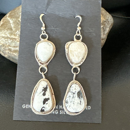 Womens White Buffalo Turquoise Navajo Sterling Silver Dangle Earrings 2” 17962