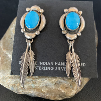 Native Womens Nugget Sterling Silver Blue Turquoise Dangle Earrings 2.5" 13018