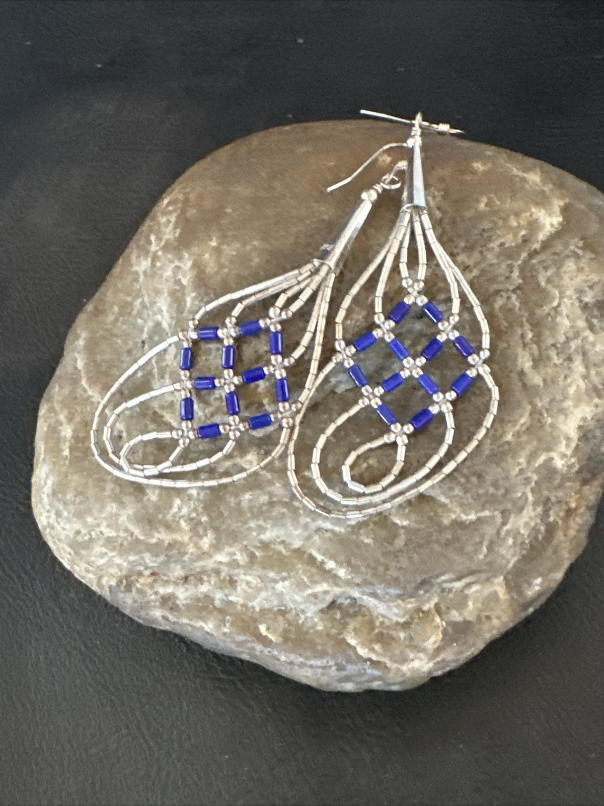 Blue Lapis 3 Strand Heishi Liquid Sterling Silver Dangle Earrings 17737