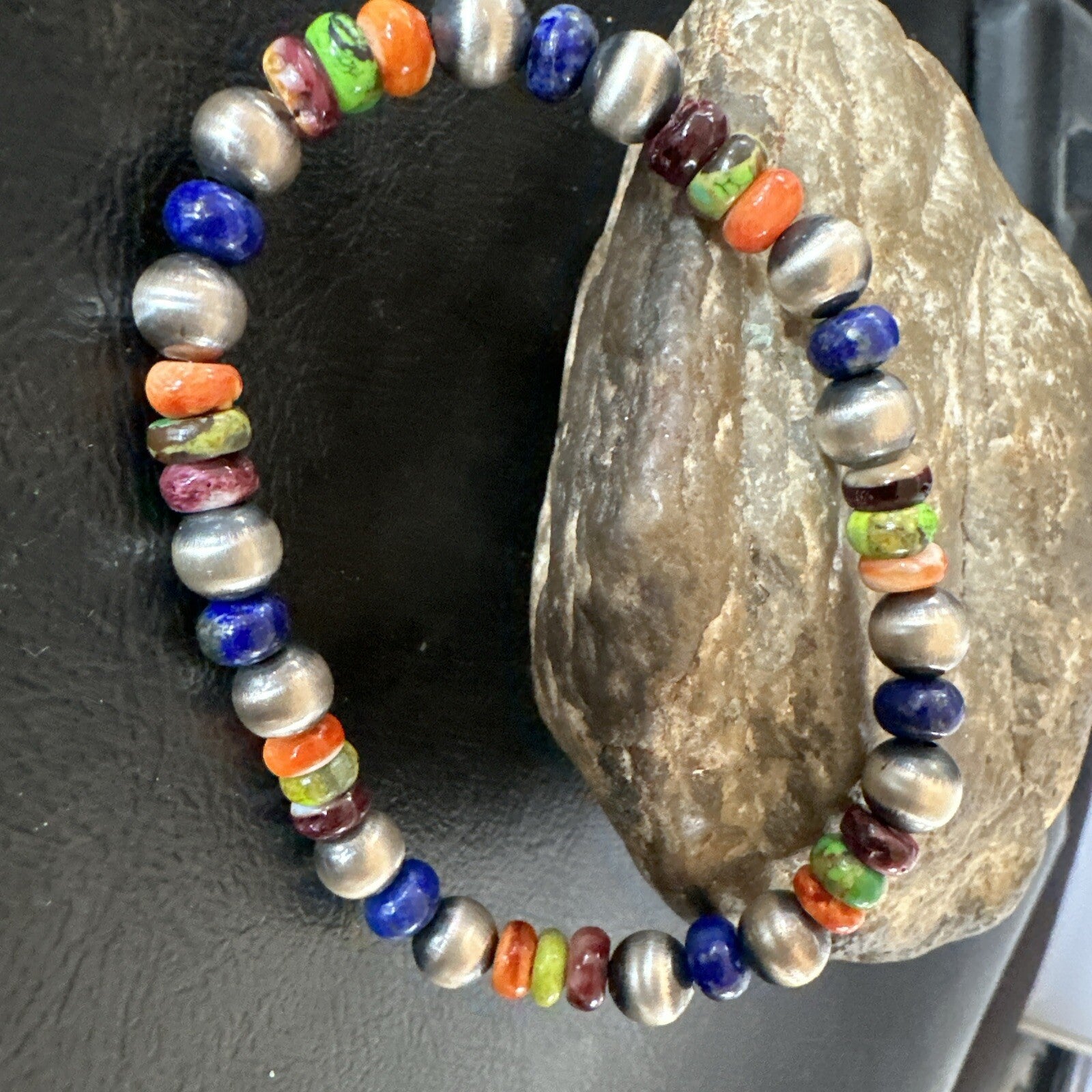 Multicolor Lapis Turquoise Stretch Bead Bracelet Navajo Sterling Silver 17907