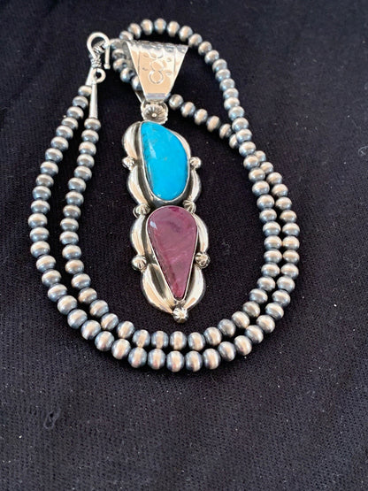 Kingman Turquoise & Spiny Oyster Pendant Navajo Sterling Silver Necklace 04576