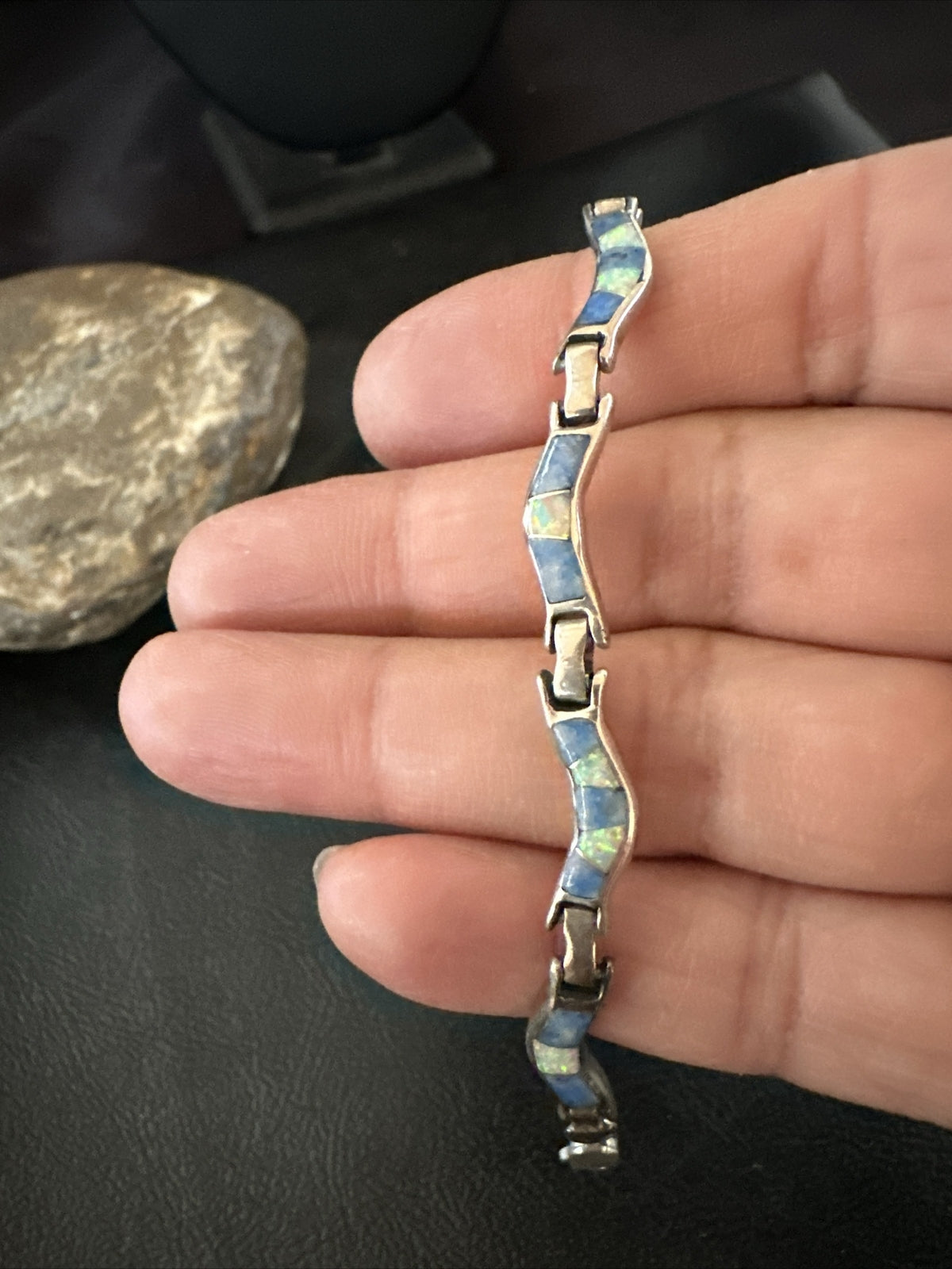 Native Womens Blue Opal Lapis Inlay Link Bracelet 7" Sterling Silver 17726