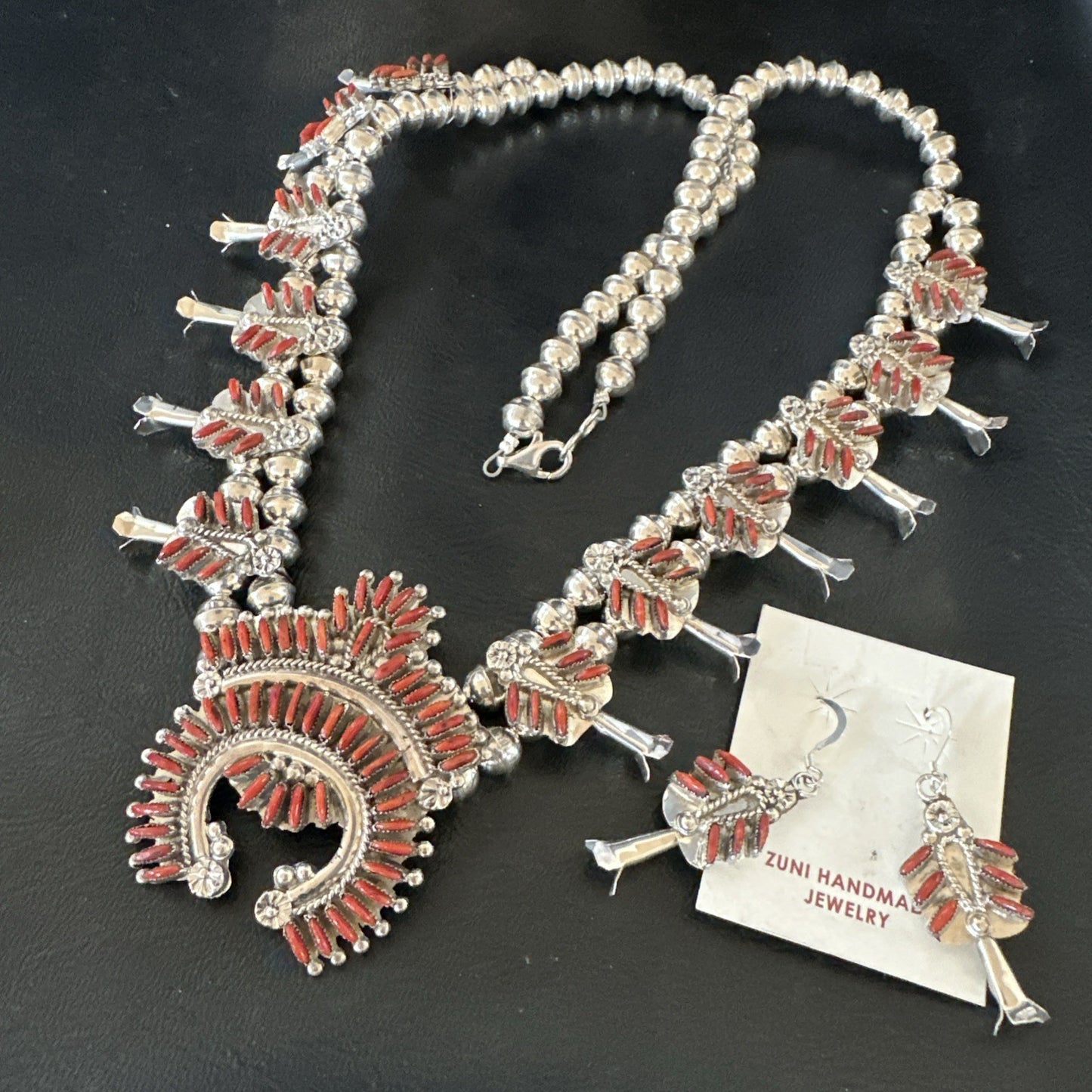 ZUNI Coral Sterling Silver Squash Blossom Needlepoint Necklace Earrings 19277