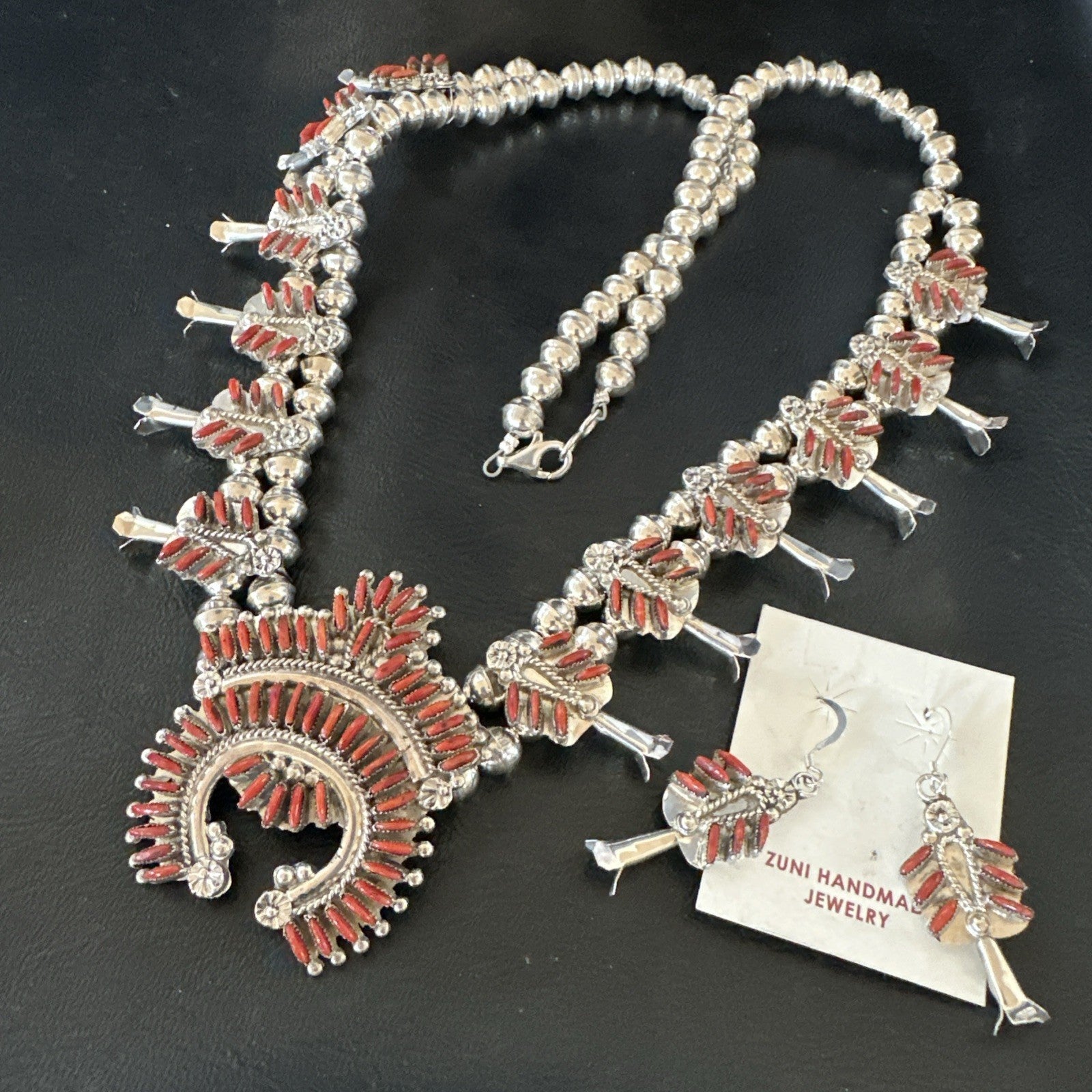 ZUNI Coral Sterling Silver Squash Blossom Needlepoint Necklace Earrings 19277