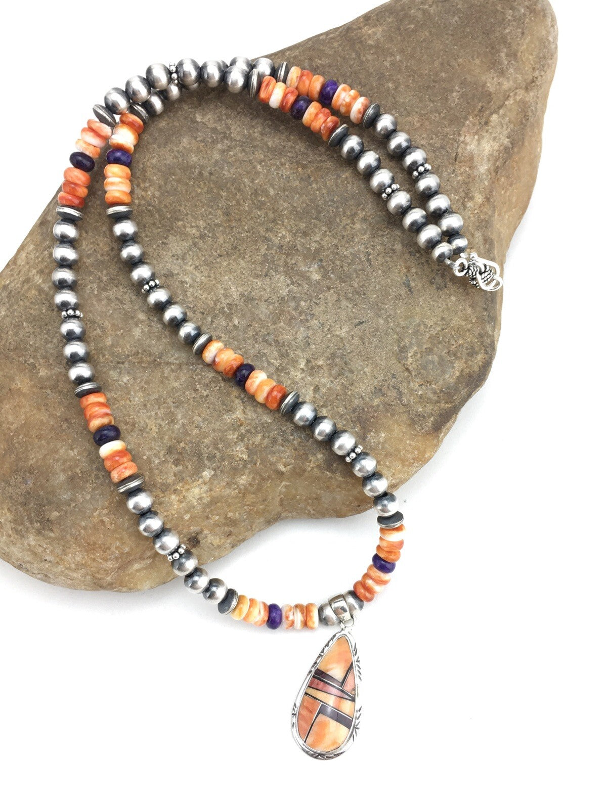 Spiny Oyster Pendant Purple Stone Navajo Pearls Sterling Silver Necklace 4879