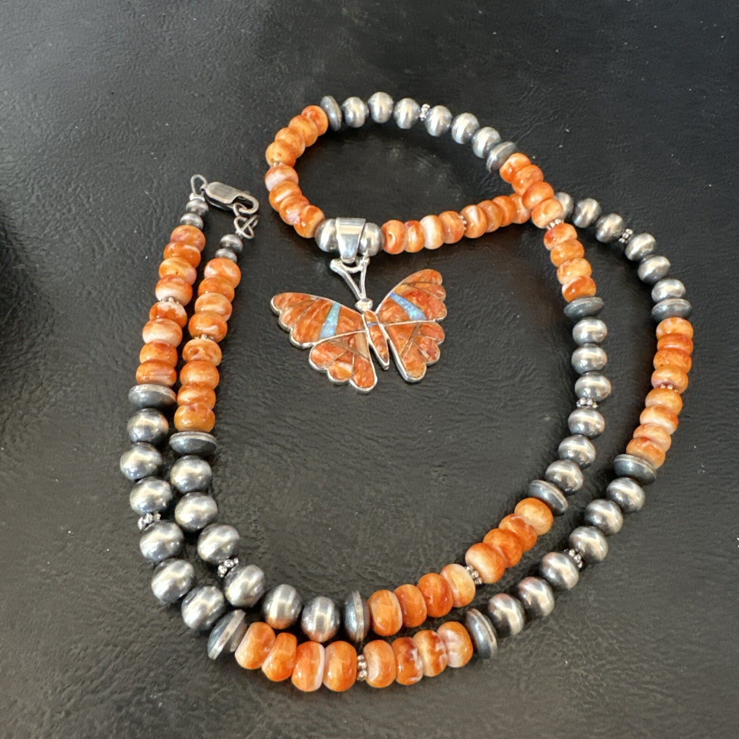 Butterfly Orange Spiny Oyster Opal Inlay Sterling Silver  Necklace Pendant 18676