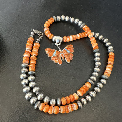 Butterfly Orange Spiny Oyster Opal Inlay Sterling Silver  Necklace Pendant 18676