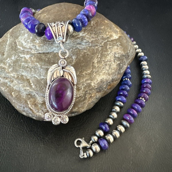 Purple Stone Pendant Navajo Pearls Necklace 21" | Sterling Silver | Authentic Native American Handmade | 18033