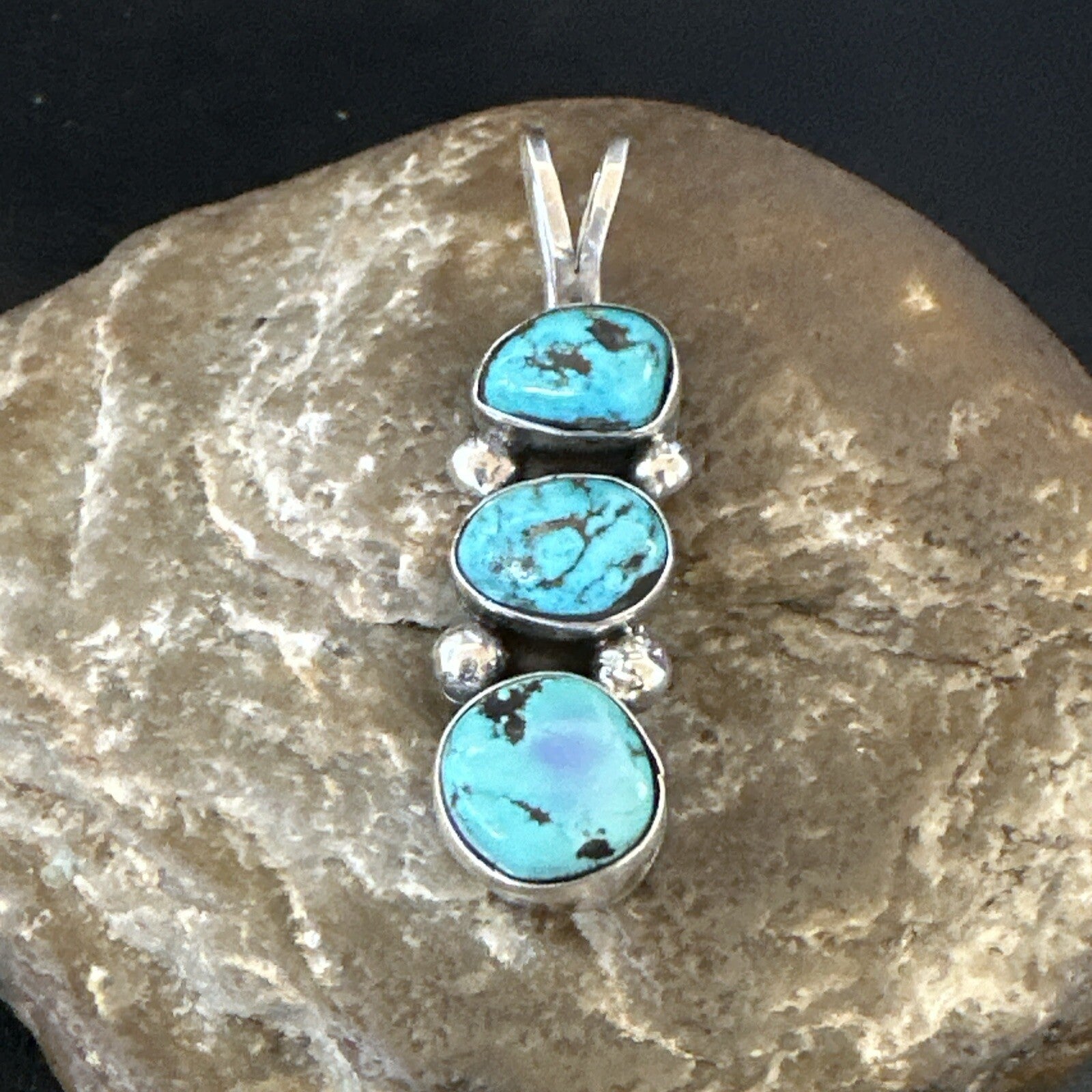 Blue Turquoise 3 Stone Navajo Sterling Silver Cluster Pendant Only 18348