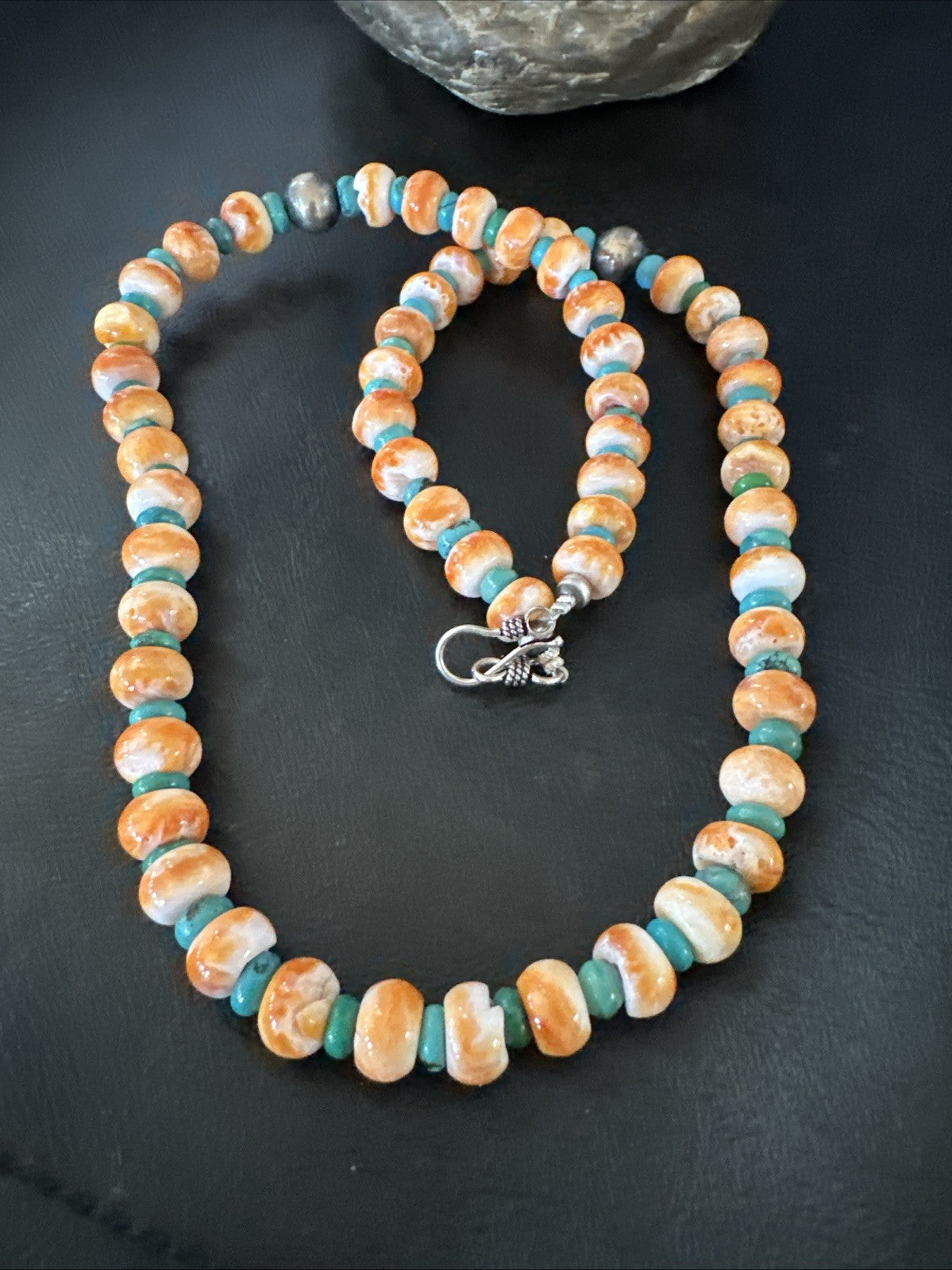 Orange Spiny Oyster Turquoise Navajo Sterling Silver Beads 22” Necklace 19164