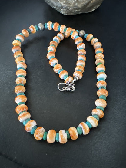 Orange Spiny Oyster Turquoise Navajo Sterling Silver Beads 22” Necklace 19164