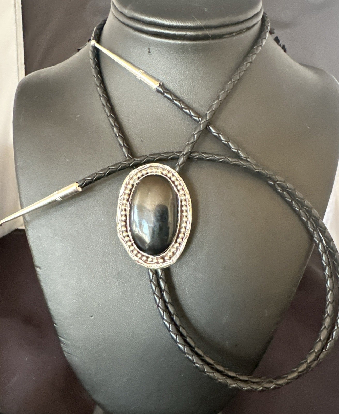 Mens Black Onyx Navajo Sterling Silver Bolo Tie 19053