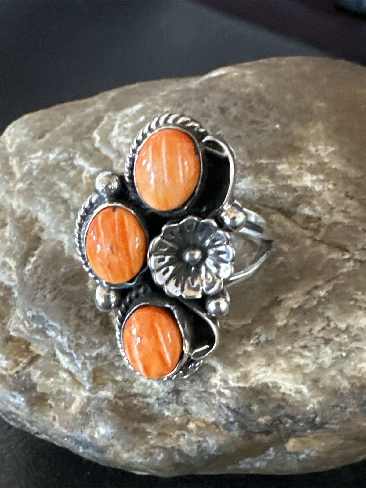 Orange Spiny Oyster Cluster Navajo Sterling Silver Ring Size 9.5 19184