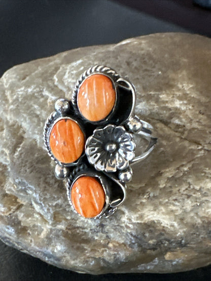 Orange Spiny Oyster Cluster Navajo Sterling Silver Ring Size 9.5 19184