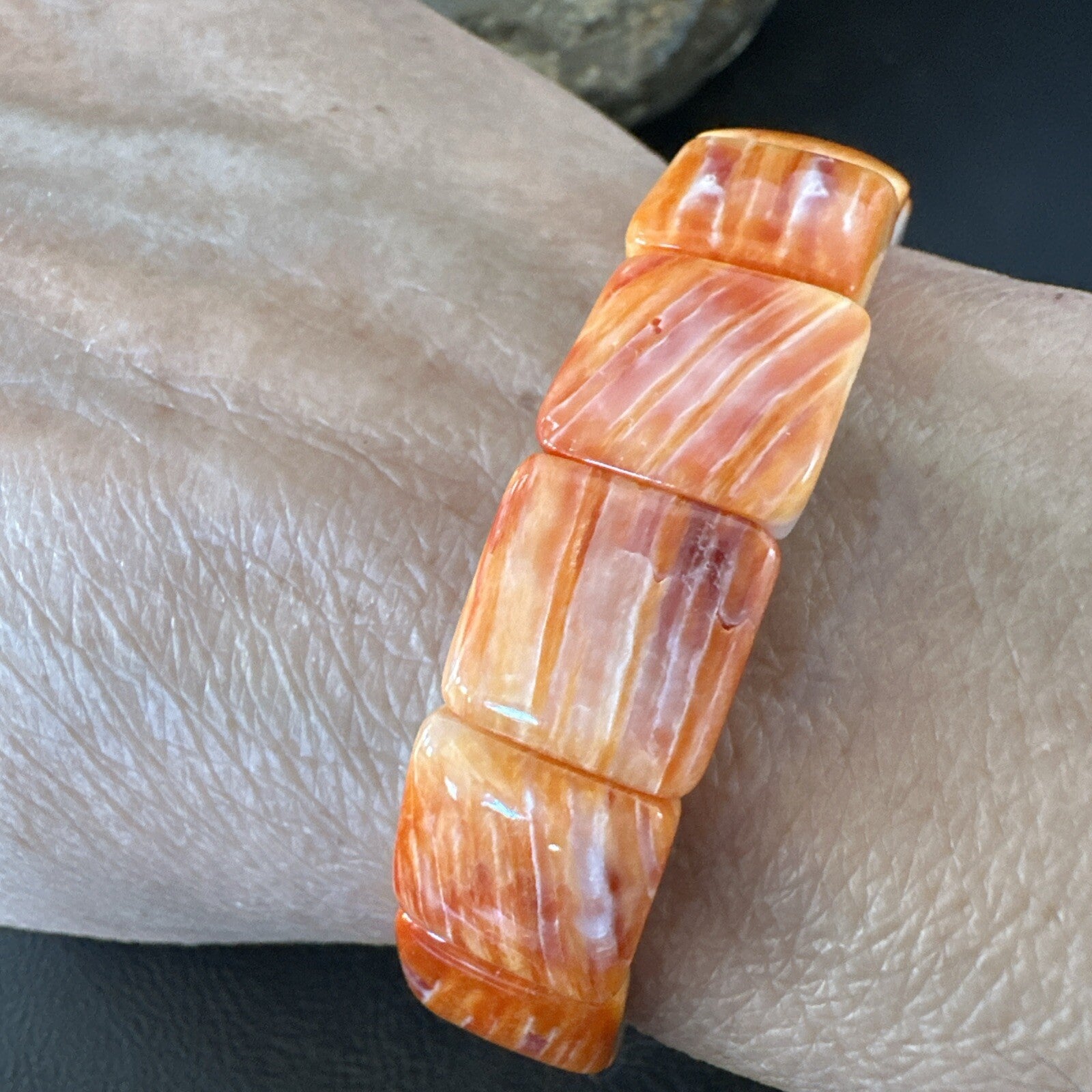 Mens Womens Orange Spiny Oyster Sterling Silver Stretch Bracelet 7" 18860