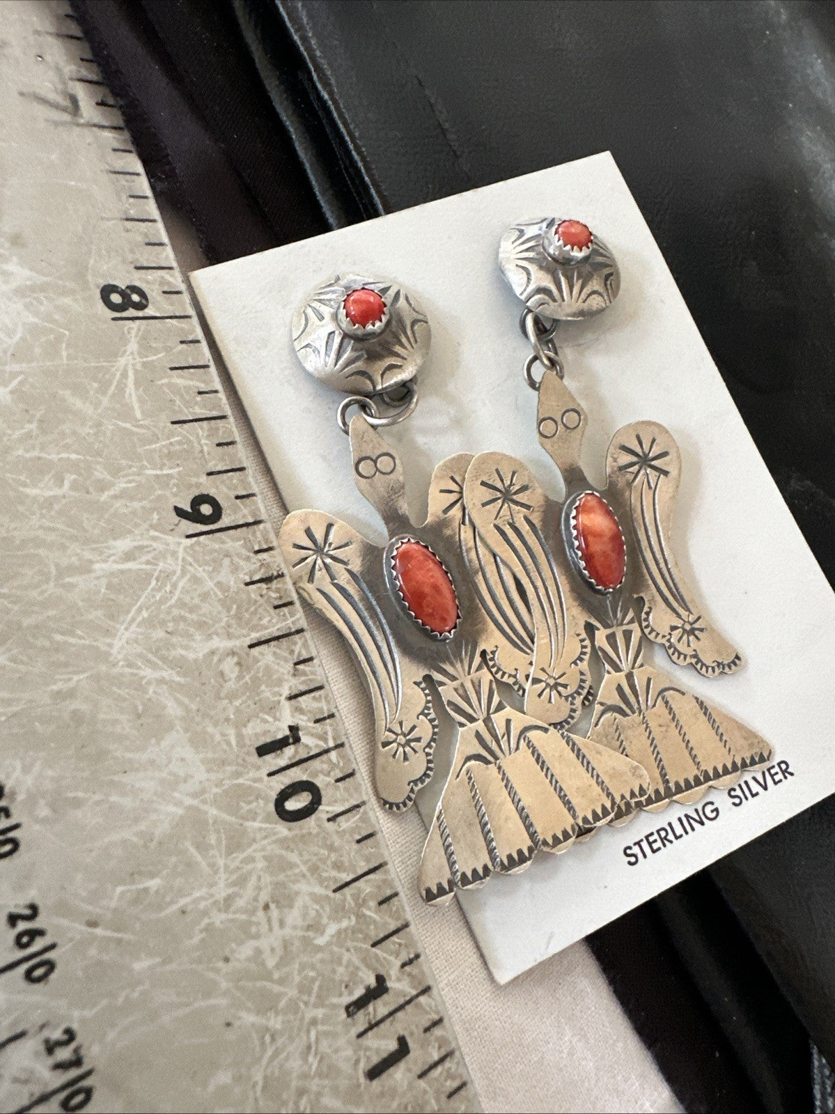 Thunderbird Navajo Womens Stamped Spiny Dangle Earrings Sterling Silver 19787