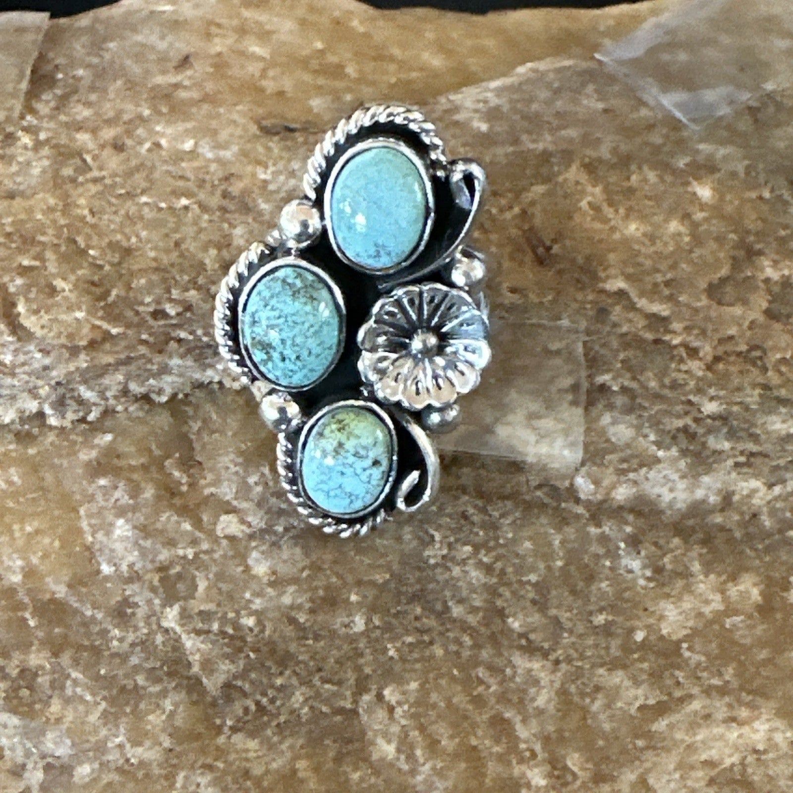 Yazzie Ring Blue Turquoise Navajo Sterling Silver Cluster Size 8 19219