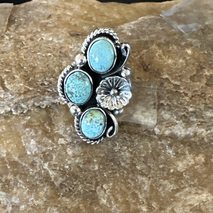 Yazzie Ring Blue Turquoise Navajo Sterling Silver Cluster Size 8 19219