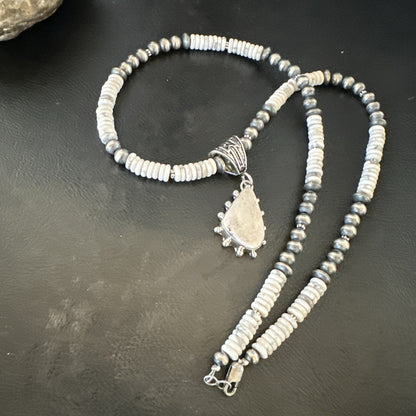 White Buffalo Turquoise Pendant Navajo Pearls Sterling Silver Necklace 22" 18258