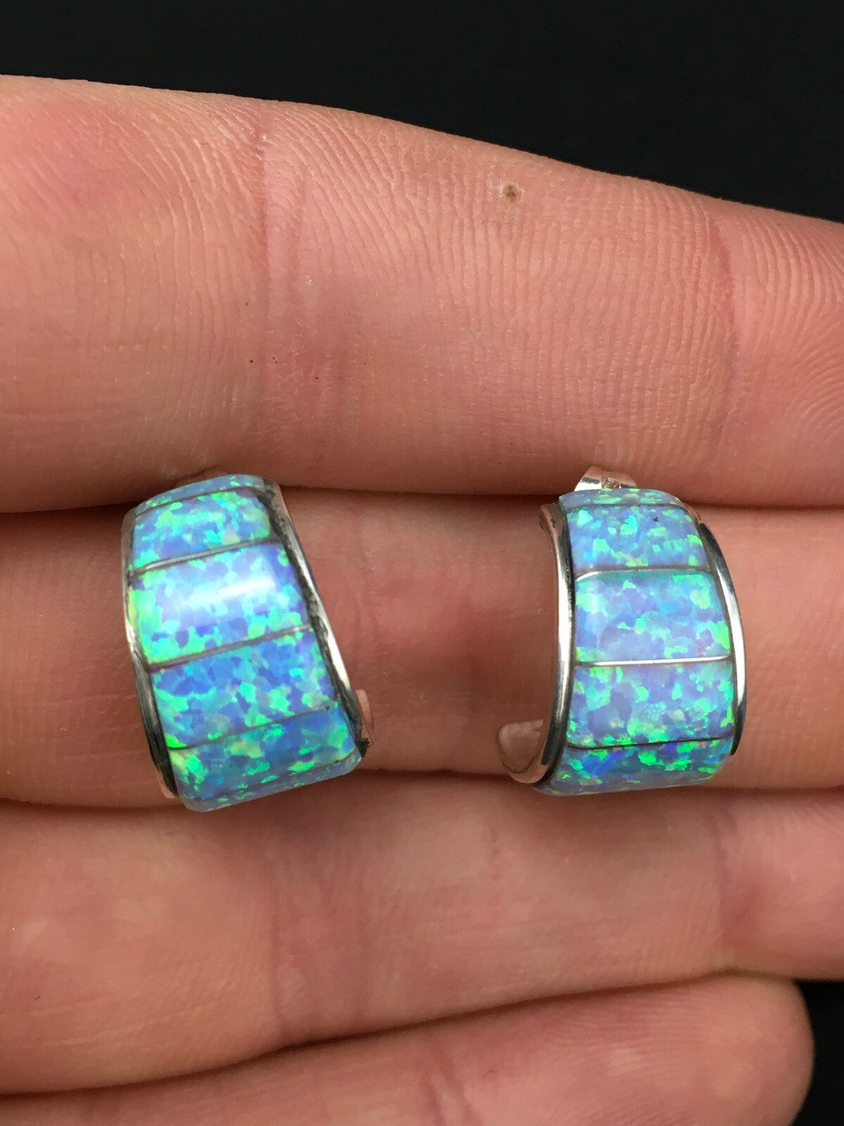 Native American Blue Opal Navajo Sterling Silver Earrings 0.5” 4740