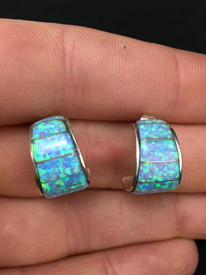 Native American Blue Opal Navajo Sterling Silver Earrings 0.5” 4740