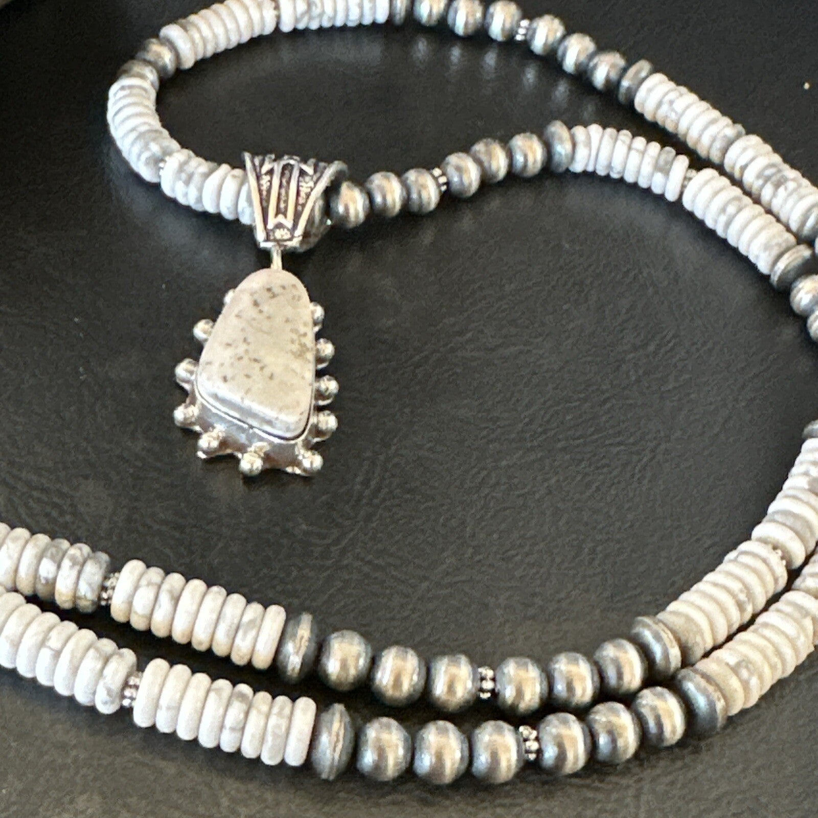 White Buffalo Turquoise Pendant Navajo Pearls Sterling Silver Necklace 22" 18259